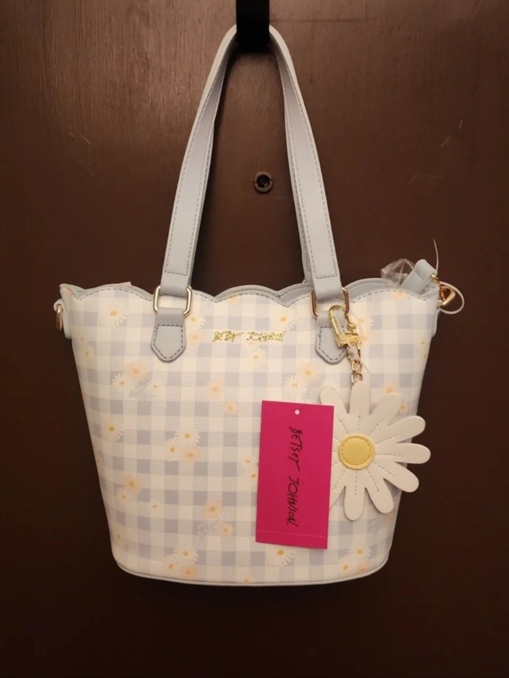 Betsey Johnson Plaid Daisy Flower Pattern Satchel Crossbody Bag Purse Charm - Picture 2 of 11